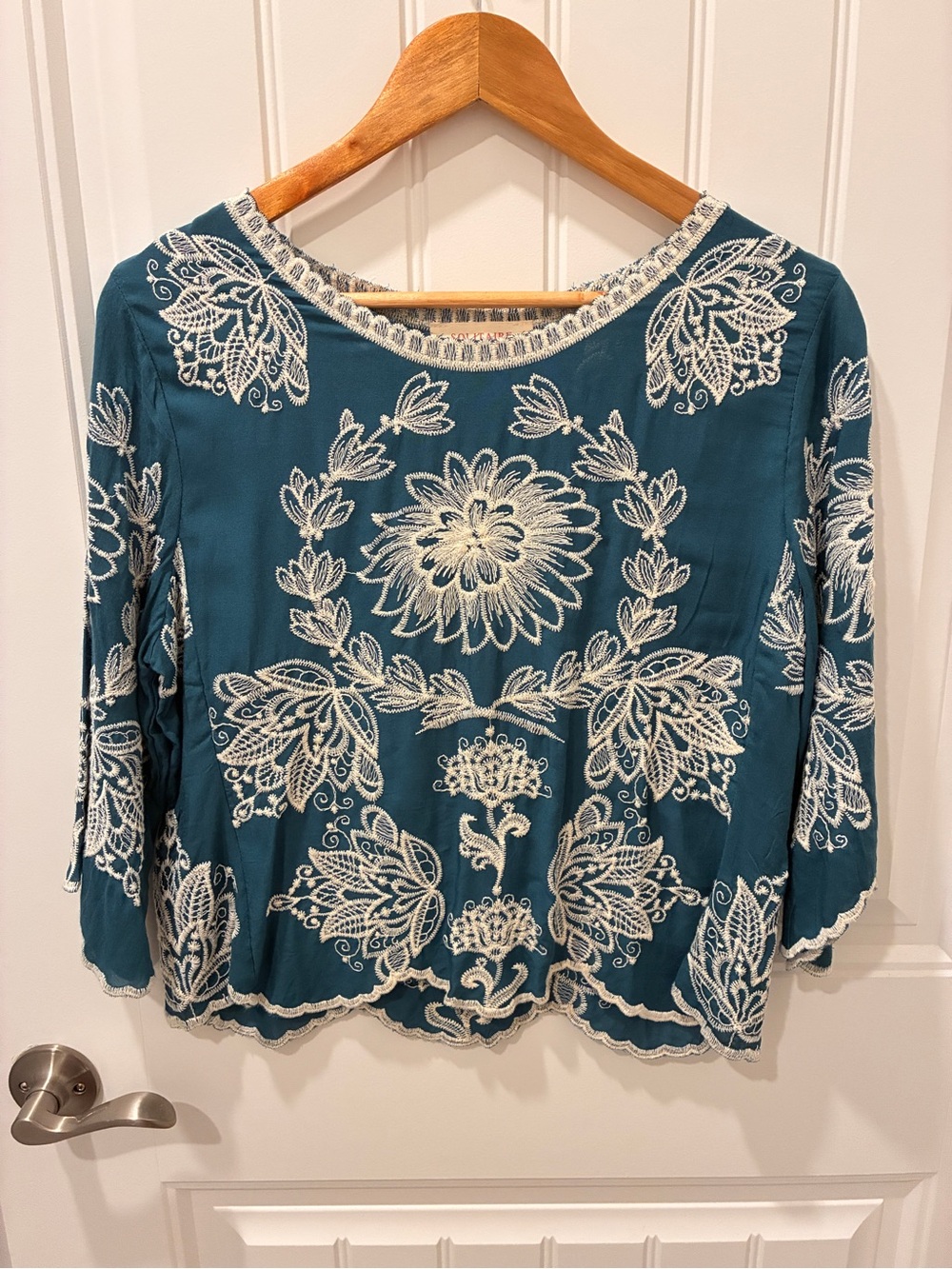 Solitaire Teal Blouse with White Floral Embroidery